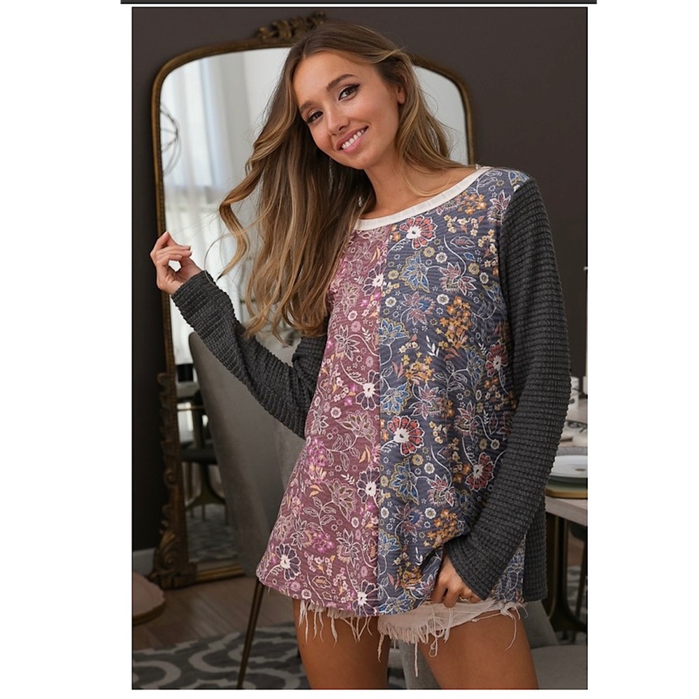 Floral Diamond Color Block Top